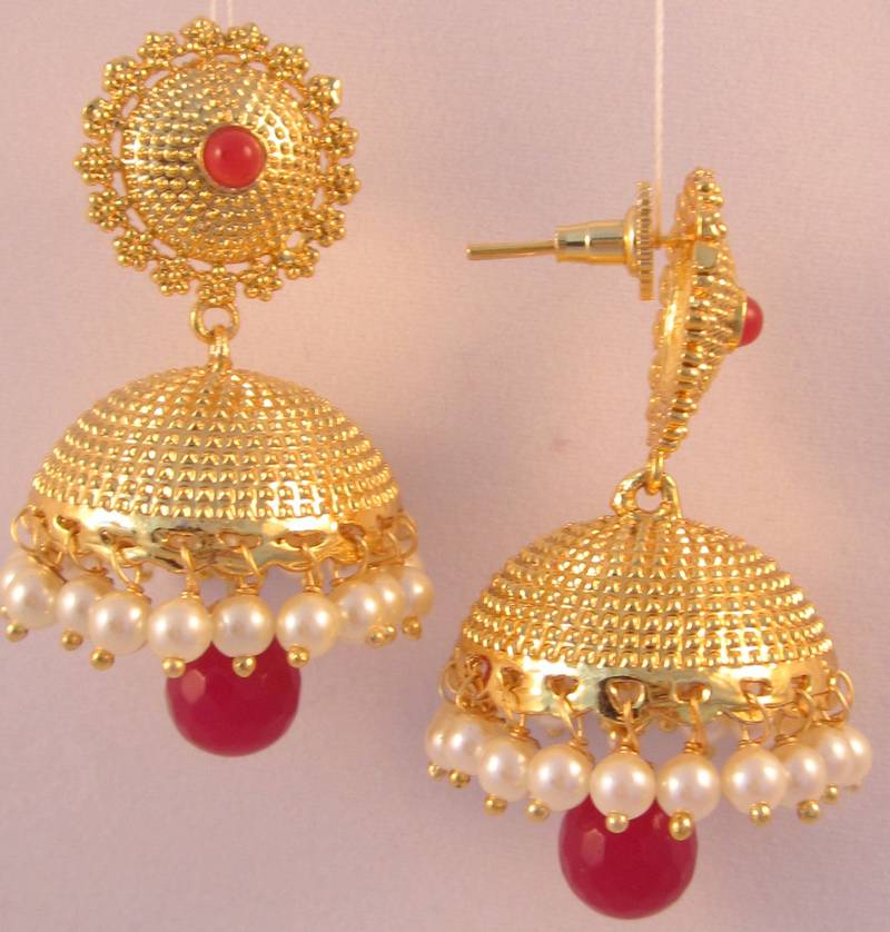 Buy EARRINGS RED WHITE JHUMKA CHANDELIER GOLD PLATED PEARL DROPS Online
