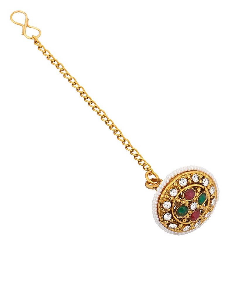 Buy Gold Toned Rajasthani Borla Maang Tika Adorned With Pearl Beads Online