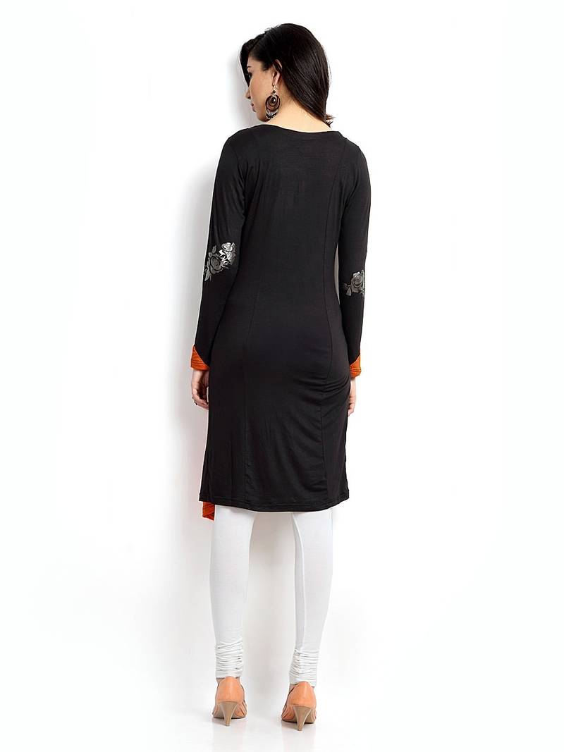 Buy Black Printed Viscose Stretchable Full Sleeve Kurta Kurti Online
