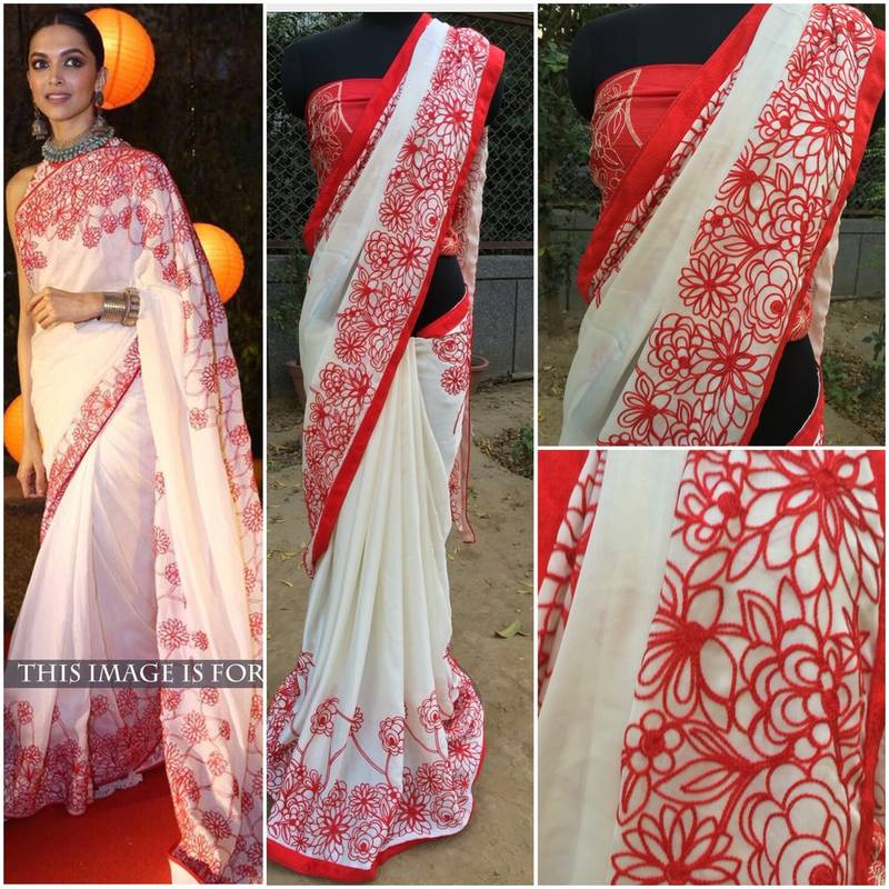 red saree with off white blouse
