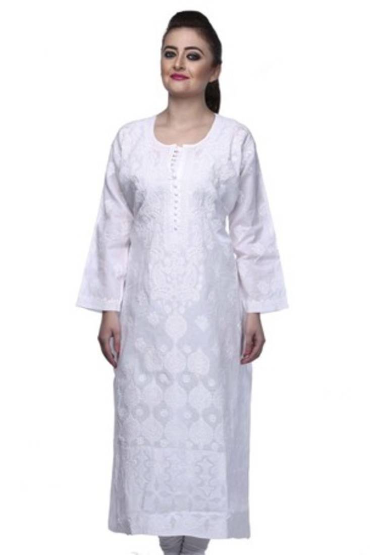 Buy Hand embroidered white cotton lucknowi chikankari kurti Online