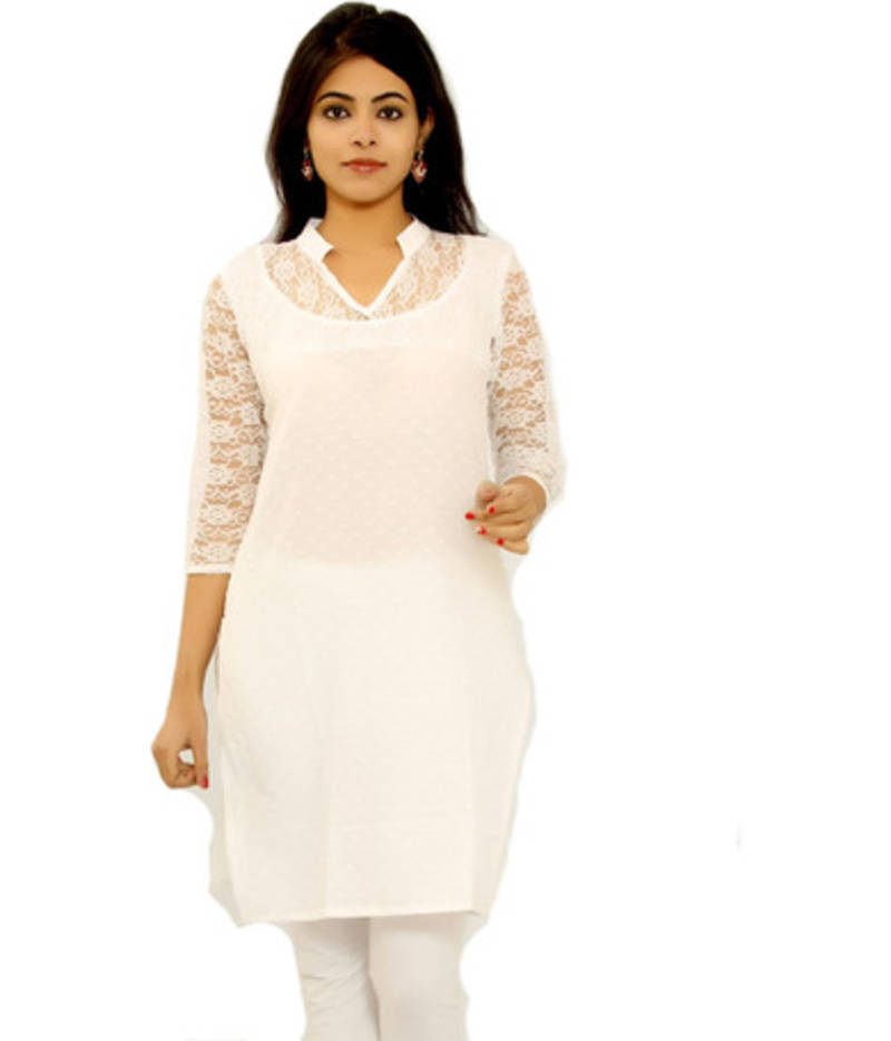 Buy white printed straight semi stitched kurti Online
