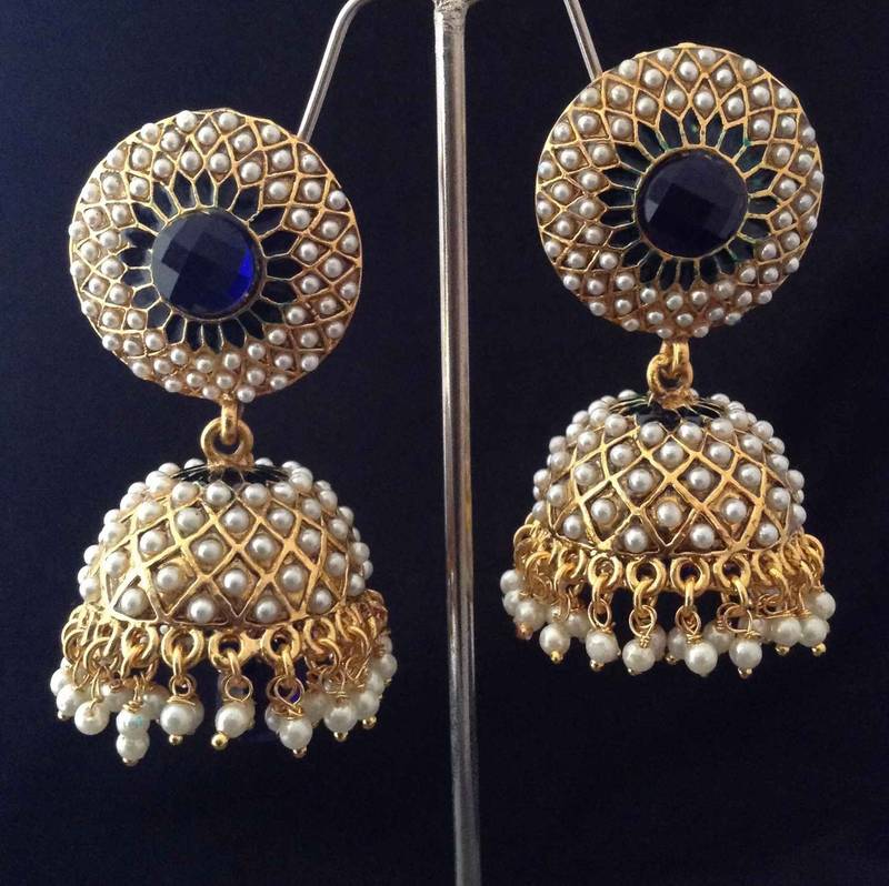 Buy Indian vintage jewellery deep blue, golden pearl brass jhumka