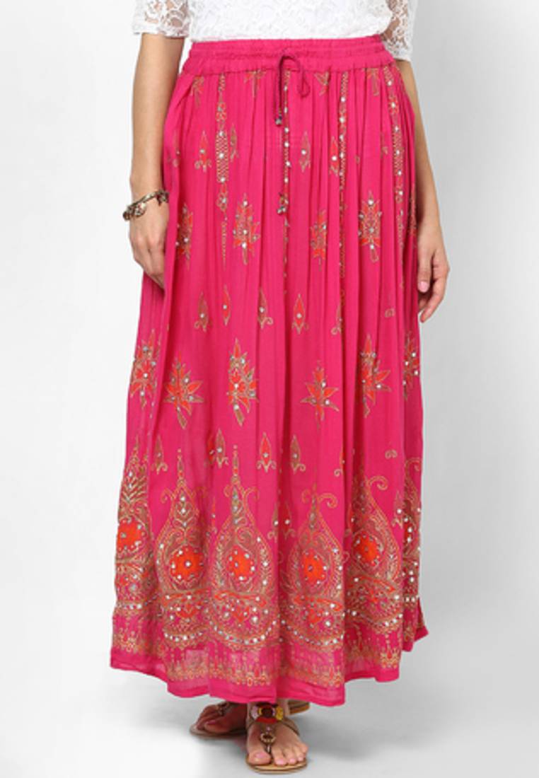 Buy Pink Embroidered Cotton Long Skirt Online