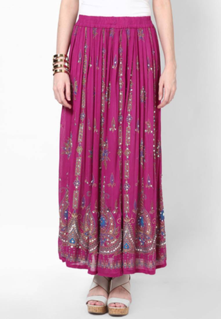 Buy Magenta Embroidered Cotton Long Skirt Online